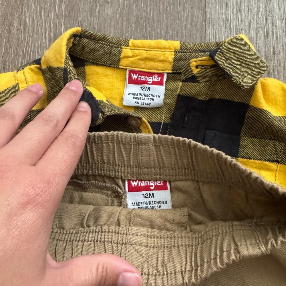 Wrangler Flannel Bodysuit and Jogger Set Boys 12M Yellow Black Buffalo Plaid